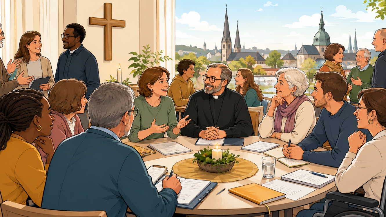 Comicartige Illustration einer synodalen Versammlung in einem hellen Pfarrsaal. Verschiedene Menschen unterschiedlichen Alters sitzen und stehen im Gespräch um einen runden Tisch mit Unterlagen, Notizbüchern und einer Kerze in der Mitte. An der Wand ist ein Kreuz zu sehen, im Hintergrund deuten Kirchtürme und eine freundliche Stadtansicht den pastoralen Raum Saarlouis an. Die Szene wirkt offen, gemeinschaftlich und dialogorientiert