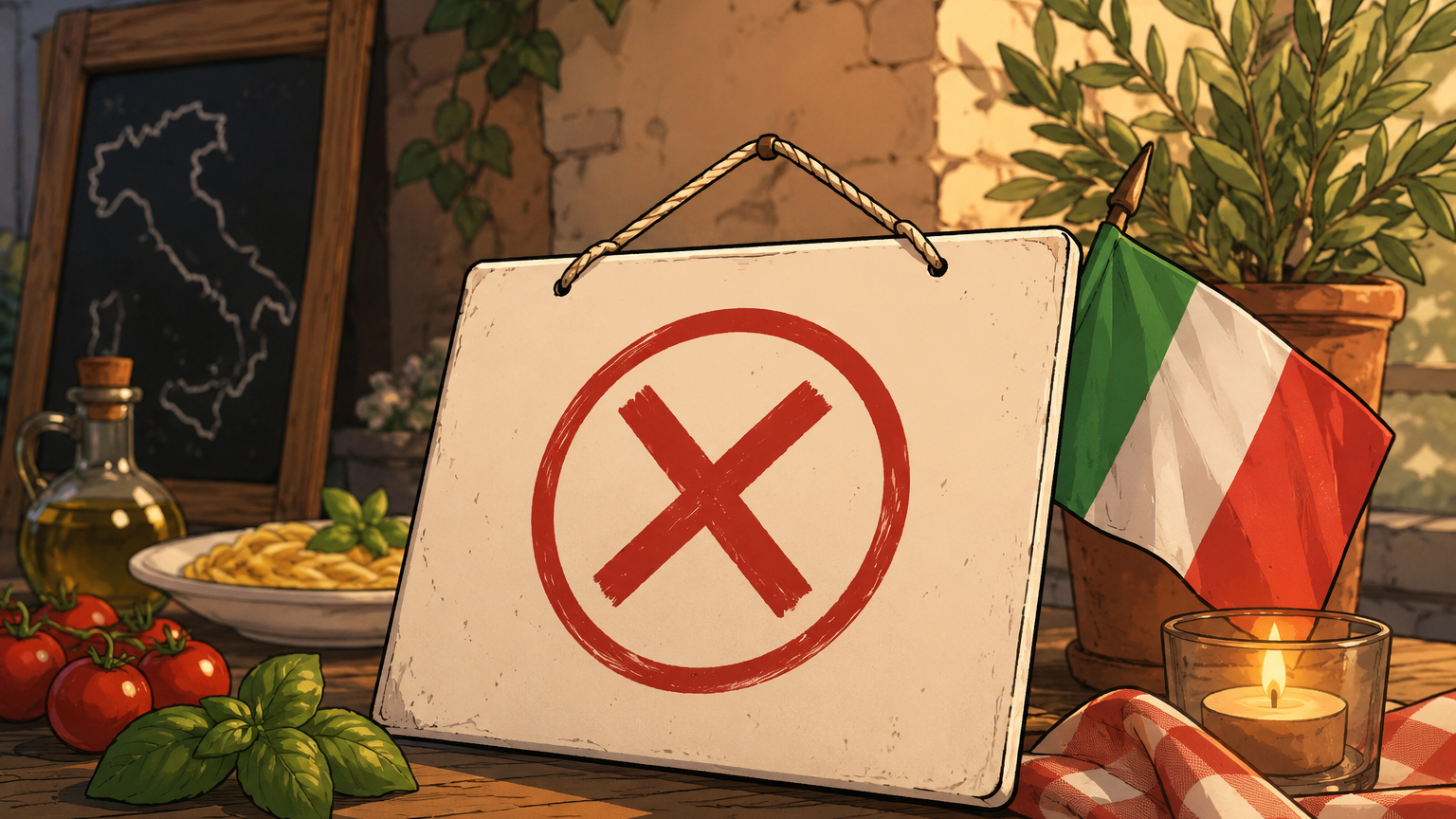 Comicartige Illustration einer italienisch gestalteten Tischszene zur Absage eines italienischen Abends. Im Mittelpunkt steht ein Schild mit einem roten Kreuz als Zeichen für die Absage. Darum herum sind eine italienische Flagge, Basilikum, Tomaten, Olivenöl, Pasta, eine Kerze und eine Tafel mit Italien-Umriss zu sehen. Die Szene wirkt warm und freundlich, macht aber deutlich, dass die Veranstaltung nicht stattfindet.
