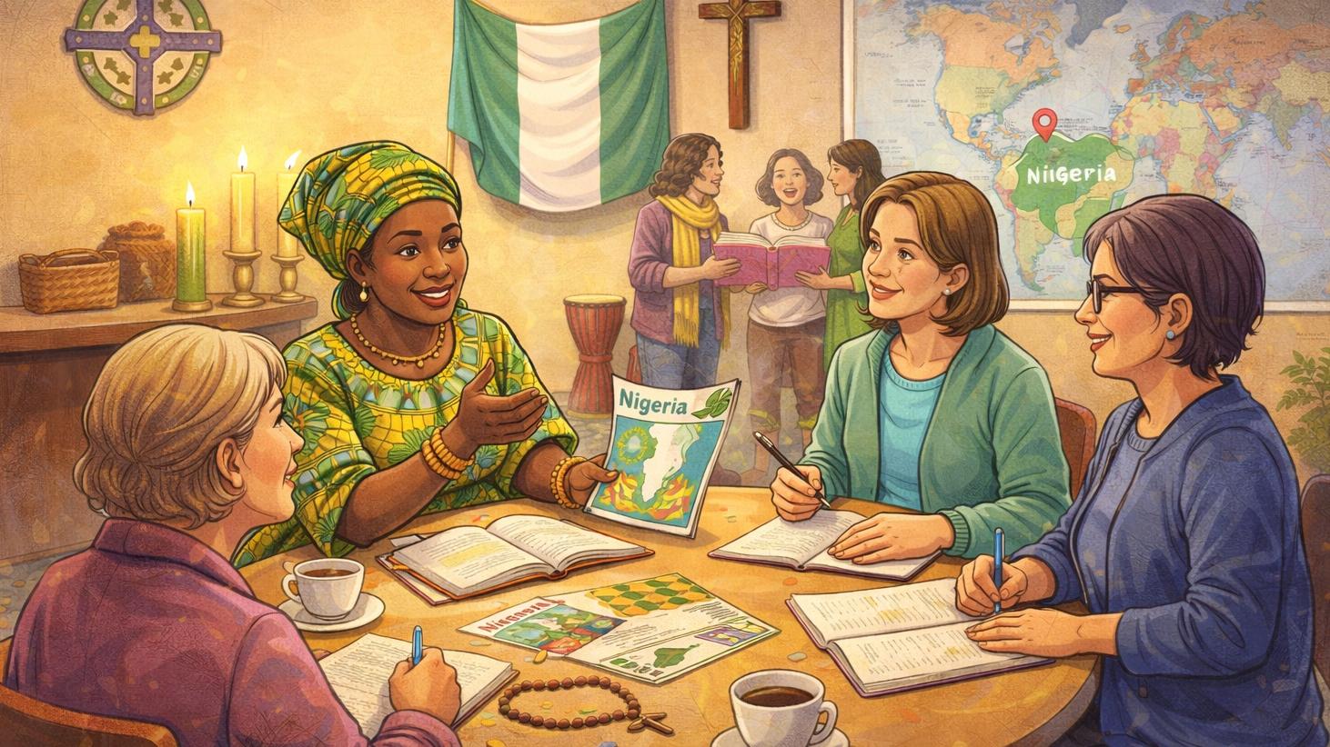Illustration eines Vorbereitungstreffens zum Weltgebetstag der Frauen. Mehrere Frauen sitzen gemeinsam an einem Tisch, tauschen sich aus und machen sich Notizen. Kerzen, Bücher und Materialien liegen bereit. Im Hintergrund sind eine Weltkarte mit dem Schwerpunkt Nigeria, eine Fahne in Grün-Weiß-Grün sowie christliche Symbole zu sehen. Die Szene vermittelt Gemeinschaft, ökumenischen Austausch und gemeinsames Gebet.