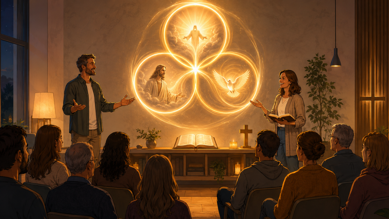 Comicartige Darstellung einer christlichen Vortragsveranstaltung. Zwei Vortragende stehen vor einem sitzenden Publikum. Hinter ihnen leuchten drei miteinander verbundene Kreise als Symbol der Dreieinigkeit mit Jesus, einer Taube und einer strahlenden göttlichen Gestalt. Ein offenes Bibelbuch und ein Kreuz ergänzen die warme, spirituelle Szene.