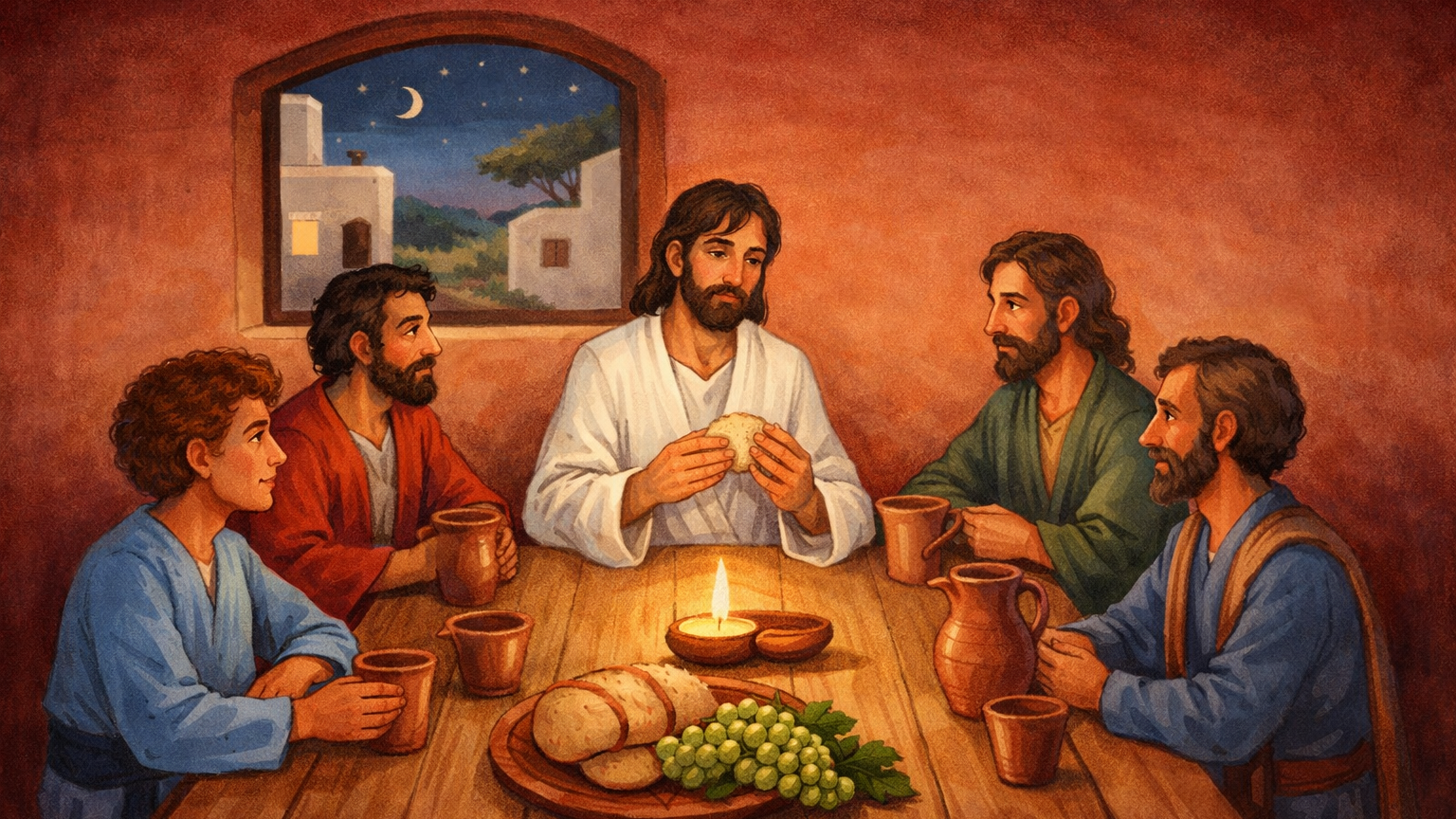 Illustration im warmen, rötlichen Farbstil: Jesus sitzt in der Mitte eines Tisches und teilt Brot mit seinen Jüngern. Die Szene erinnert an das letzte Abendmahl und vermittelt eine ruhige, würdige Atmosphäre mit Fokus auf Gemeinschaft, Eucharistie und Erstkommunion.