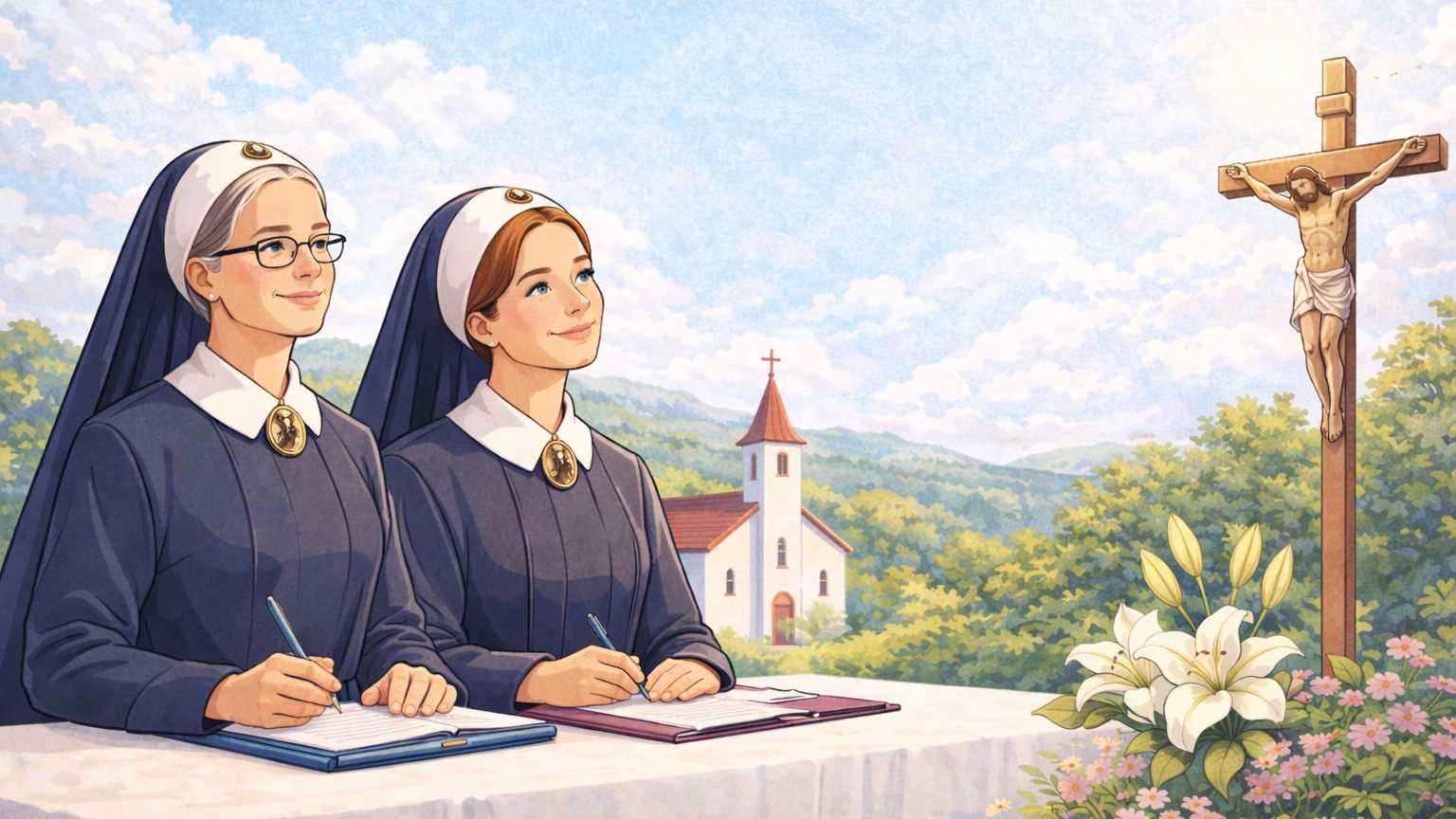 Ruhige, freundliche Comic-Illustration: Zwei Ordensschwestern sitzen an einem Tisch und schreiben in Notizbücher. Im Hintergrund sind eine kleine Kirche, eine Landschaft mit Hügeln sowie ein Kreuz mit Blumen zu sehen. Die Szene wirkt besinnlich und ruhig und eignet sich als Artikelbild für eine Einladung zu einem spirituellen Besinnungsnachmittag.