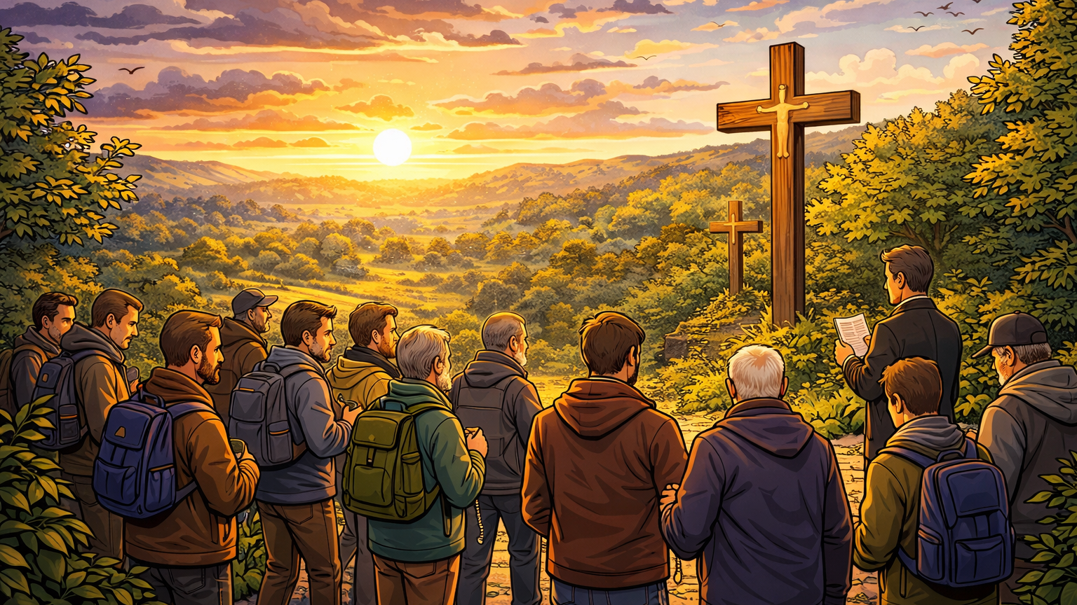 Männerkreuzweg am Karfreitag: Eine Gruppe von Männern versammelt sich an kleinen Wegkreuzen in der Natur. Ein Leiter liest Gebete vor, während die Teilnehmer still stehen, Rosenkränze halten und gemeinsam beten. Im Hintergrund liegt eine ruhige Landschaft im Abendlicht.