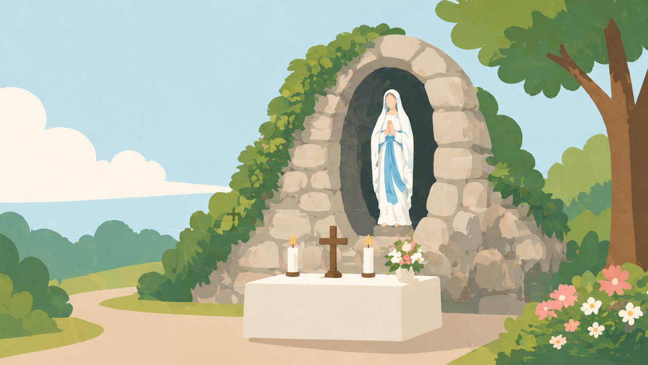 Minimalistische Illustration einer Mariengrotte in einer ruhigen Landschaft. In einer steinernen Nische steht eine Marienstatue, davor ein schlichter Altar mit Kerzen und Kreuz. Umgeben von Bäumen, Blumen und sanften Hügeln wirkt die Szene ruhig und andächtig.