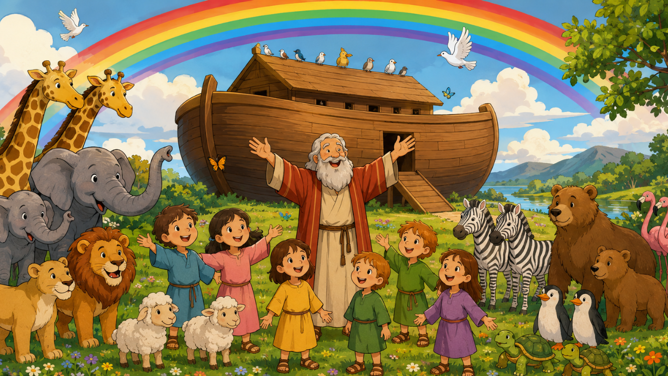Bunte Comic-Illustration zur Geschichte von Noahs Arche. Unter einem großen Regenbogen stehen fröhliche Kinder zusammen mit Noah vor einer großen Holz-Arche auf einer grünen Wiese. Rundherum sind viele Tiere zu sehen, darunter Giraffen, Elefanten, Löwen, Zebras, Schafe und Bären. Die Szene wirkt freundlich, lebendig und einladend, mit blauem Himmel und sonniger Stimmung.