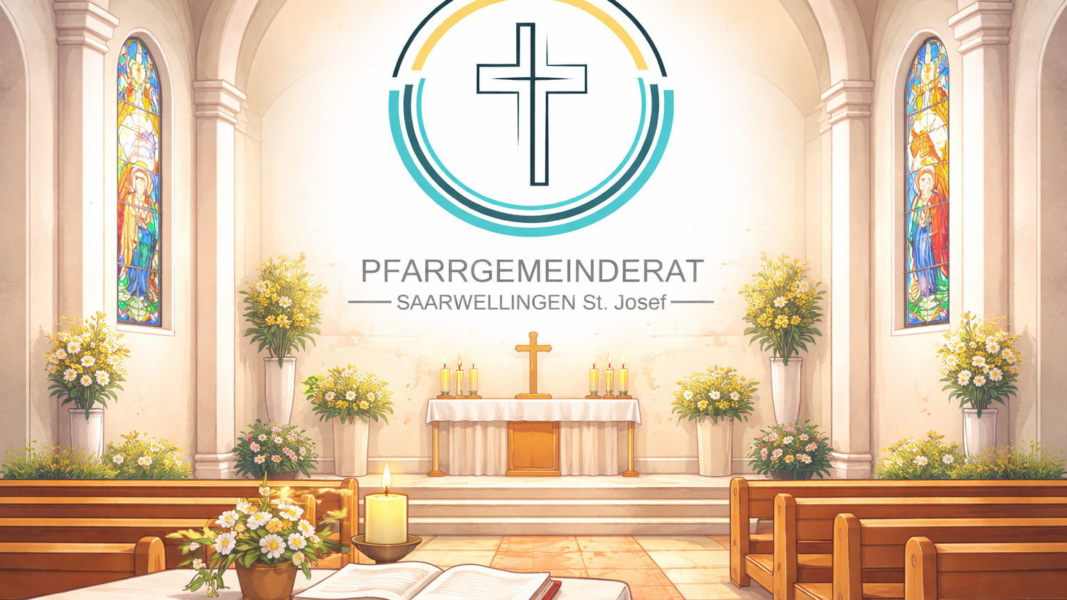 Ruhige kirchliche Illustration im freundlichen Comic-Stil: Innenraum einer Kirche mit Altar, Kerzen, Blumen und bunten Glasfenstern. Im Mittelpunkt steht das Logo des Pfarrgemeinderates mit stilisiertem Kreuz und farbigen Kreisbögen. Die Darstellung wirkt klar, würdevoll und eignet sich als allgemeines Artikelbild für den Pfarrgemeinderat der Pfarrei Saarwellingen St. Josef.