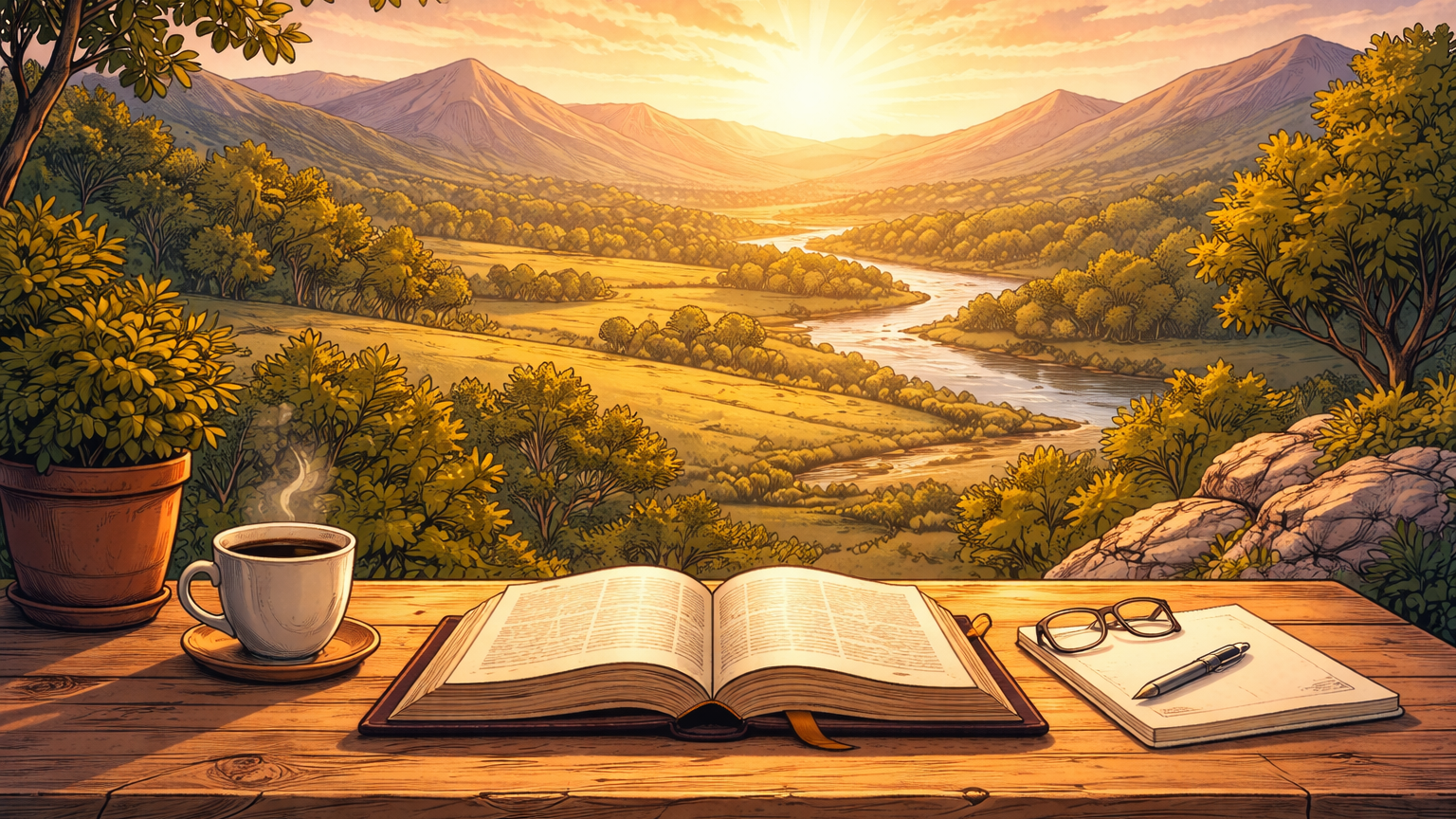 Illustration einer ruhigen Landschaft bei Sonnenuntergang mit sanften Hügeln, einem Fluss im Tal und warmem Licht. Im Vordergrund steht ein Holztisch mit einem offenen Buch, einem Notizbuch, einer Brille, einem Stift, einer Kaffeetasse und einer Topfpflanze. Die Szene vermittelt Nachdenklichkeit, Ruhe und Offenheit für Reflexion und Hoffnung.